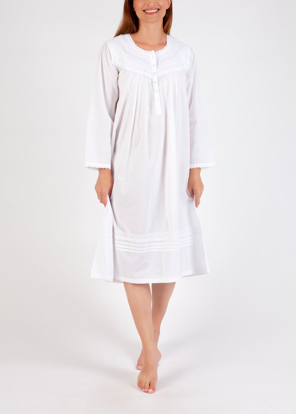 Arabella 100% Cotton Night Dress Long Sleeved White