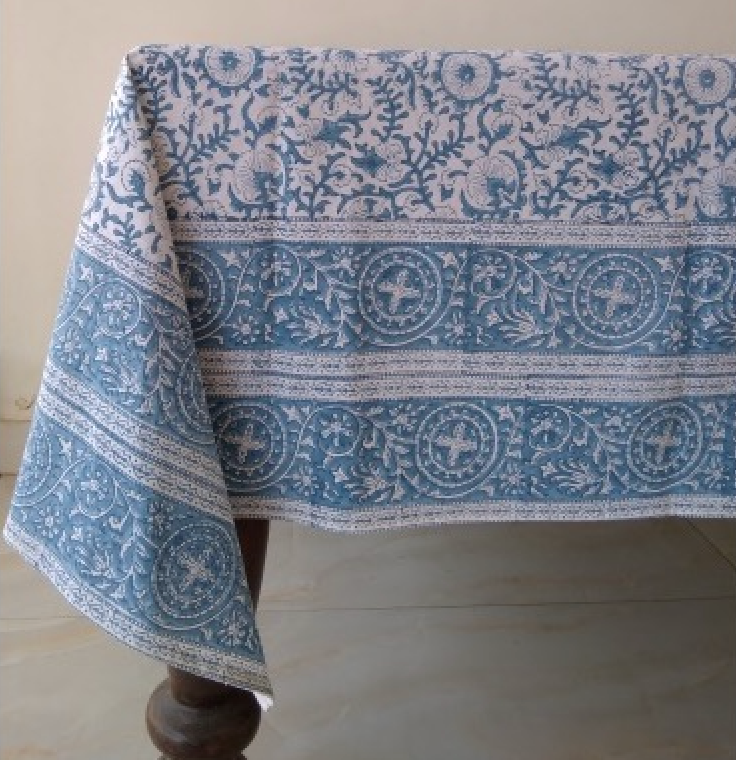 Block Print Cotton Denim Blue Tablecloth  152x229cm