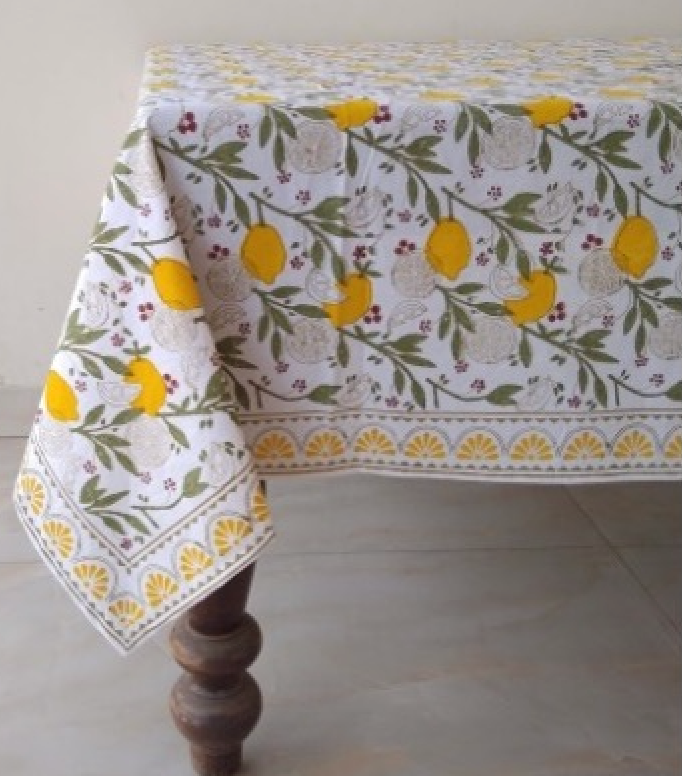 Block Print Cotton Tablecloth Lemons 152x229cm