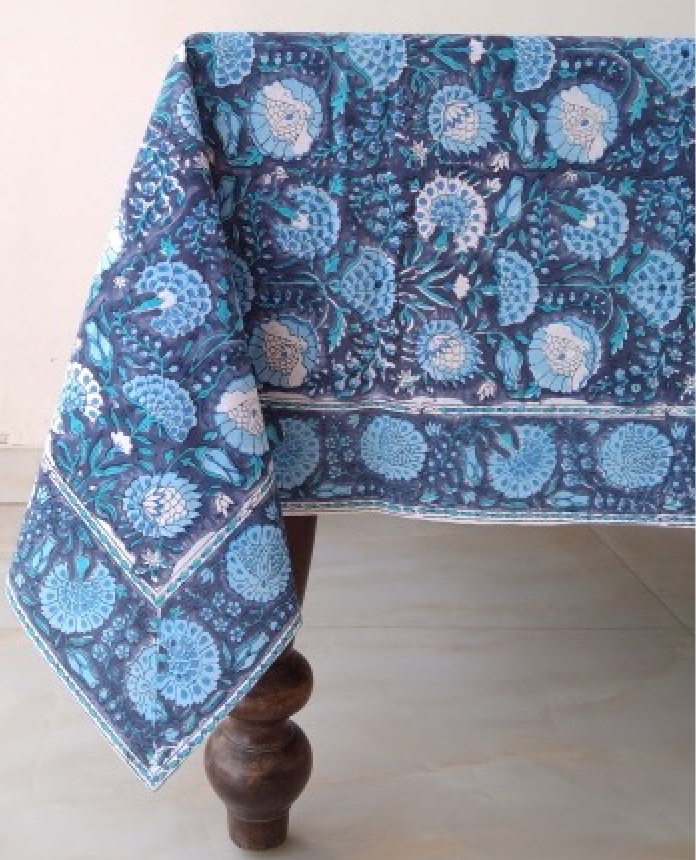 Block Print Cotton Tablecloth Midnight Blue 152x229cm