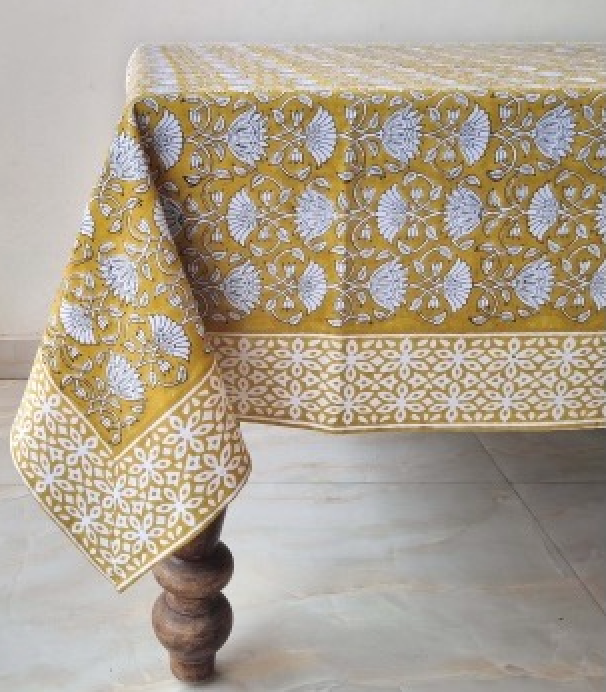 Block Print Cotton Tablecloth Mustard 183x241cm