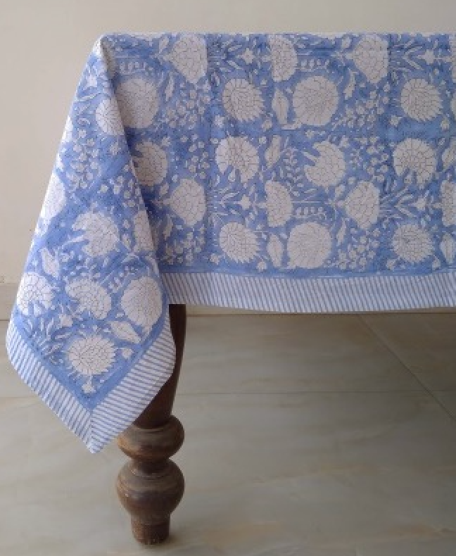 Block Print Cotton Tablecloth Periwinkle Blue 152x229cm