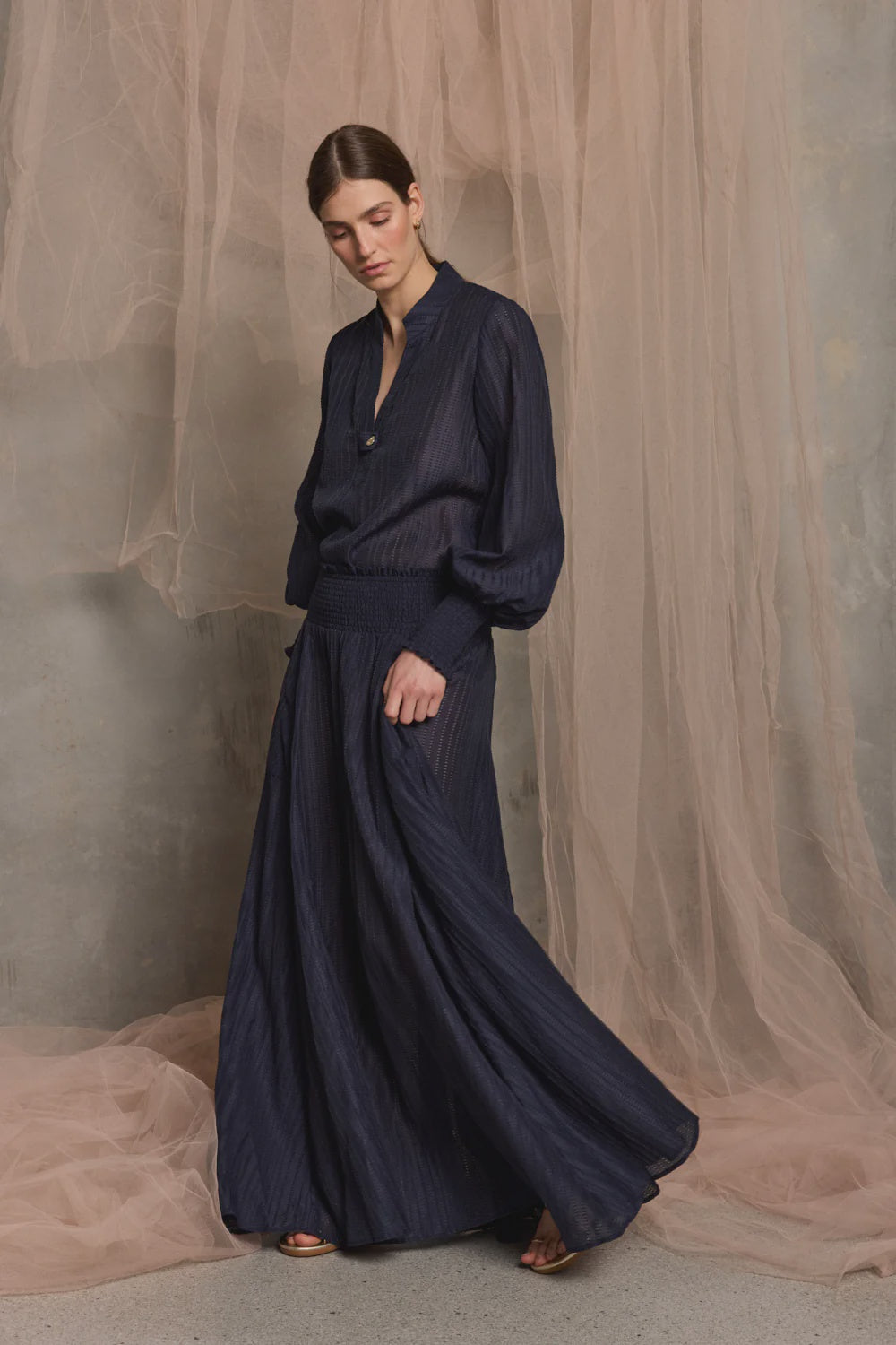 LdeV Palma Shirred Waist Flax Skirt | Navy