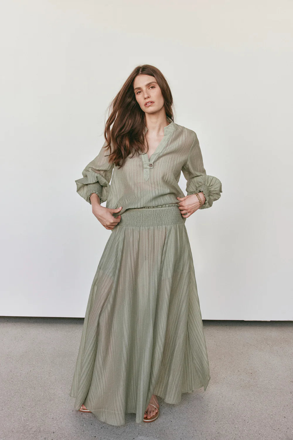 LdeV Palma Shirred Waist Flax Skirt | Sage 12