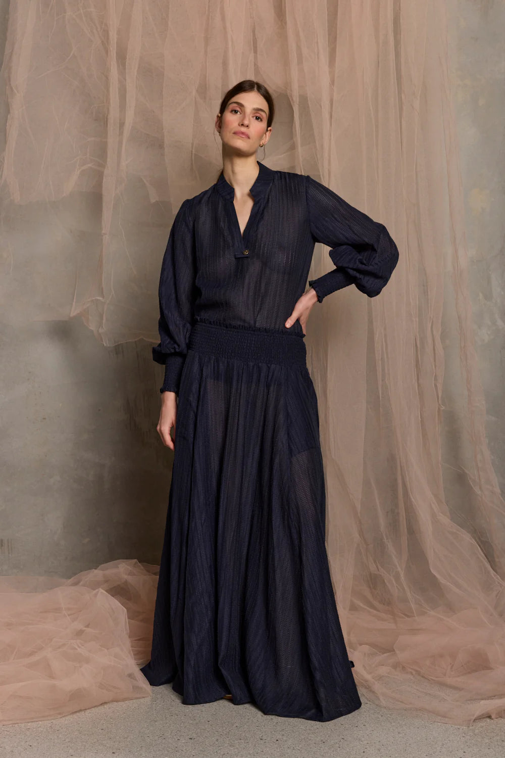 LdeV Palma Shirred Waist Flax Skirt | Navy