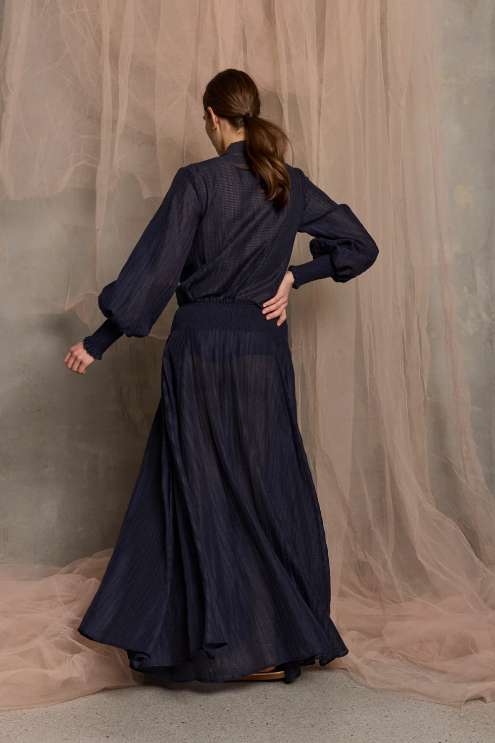 LdeV Palma Shirred Waist Flax Skirt | Navy