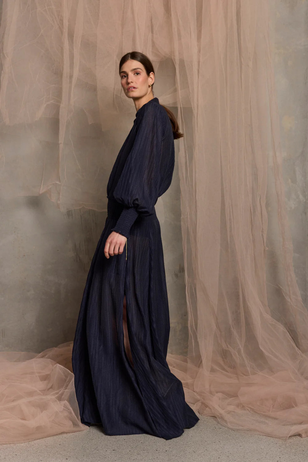 LdeV Palma Shirred Waist Flax Skirt | Navy