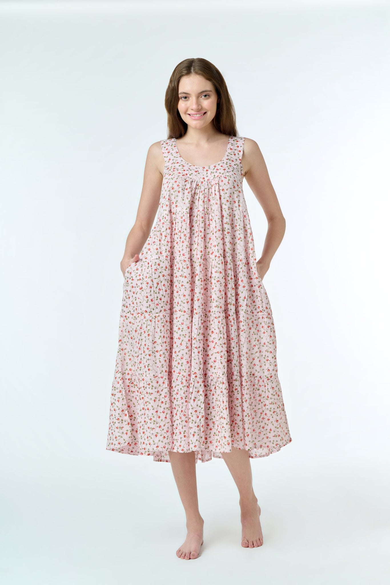 Arabella 100% Cotton Pink Floral Tiered Dress