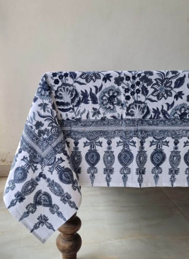 Block Print Cotton Tablecloth China Blue 152x229cm