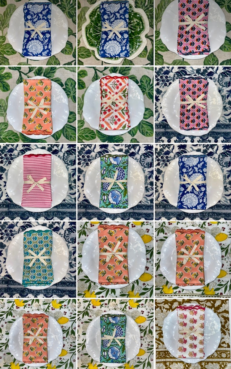 Block Print Cotton Napkins Beige Pink Floral Set of 6