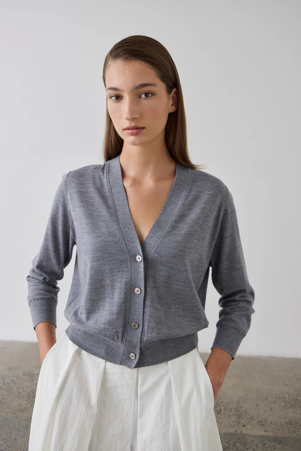 Laing Merino V-Neck Cardigan Grey Marle