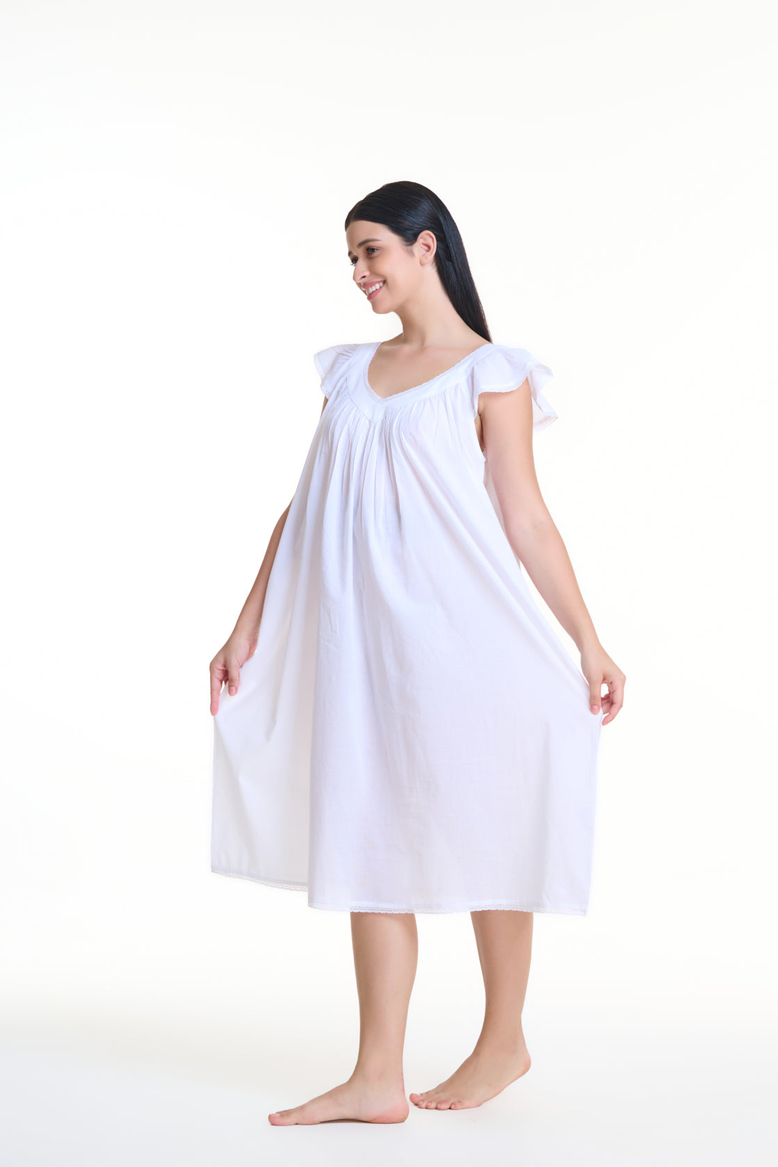 Arabella 100% Cotton Dress V-Neck White