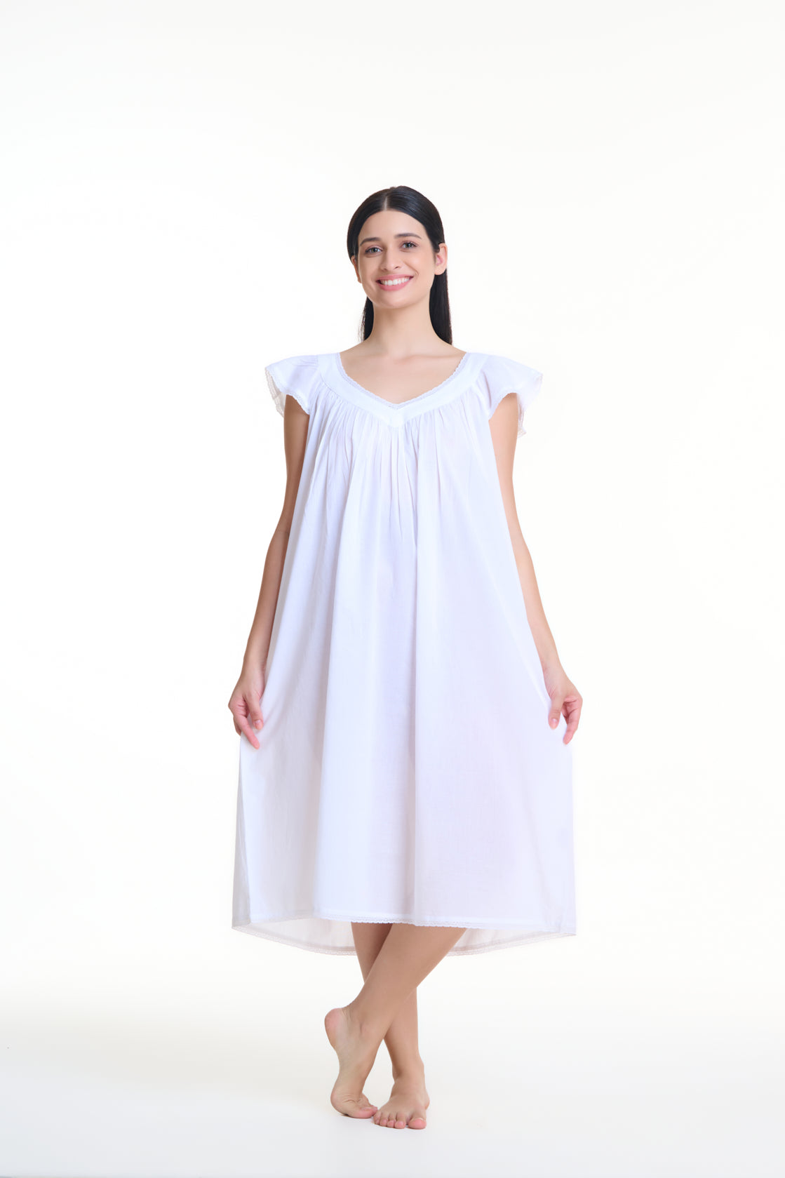 Arabella 100% Cotton Dress V-Neck White