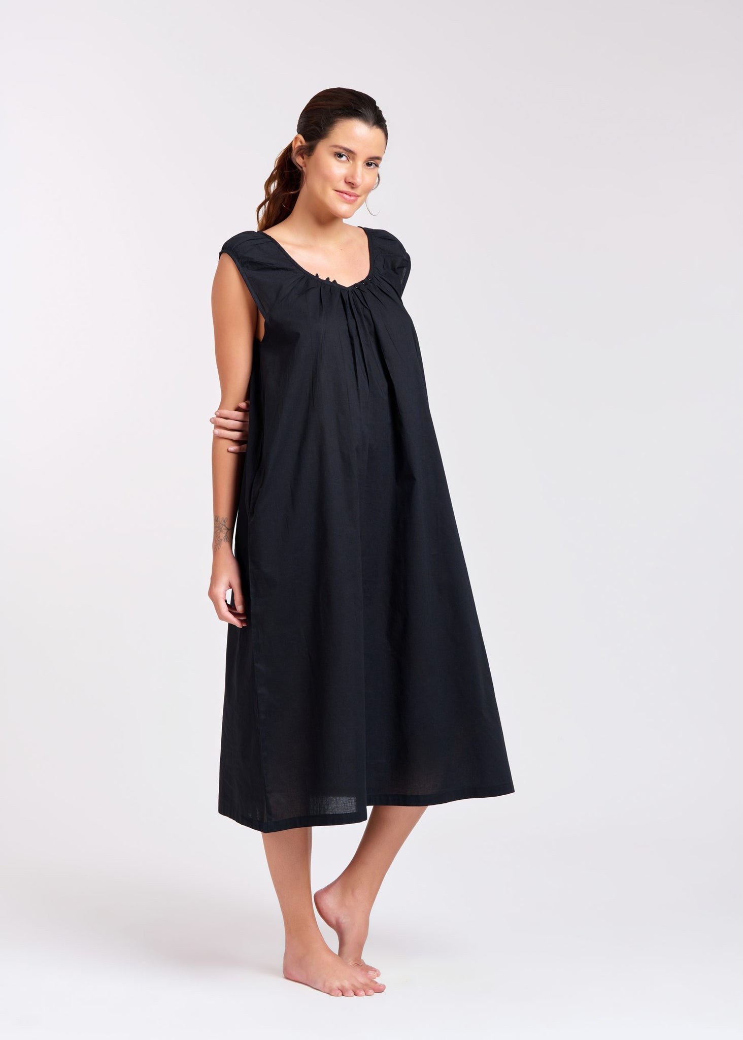 Arabella 100% Cotton Black Cap Sleeve Dress