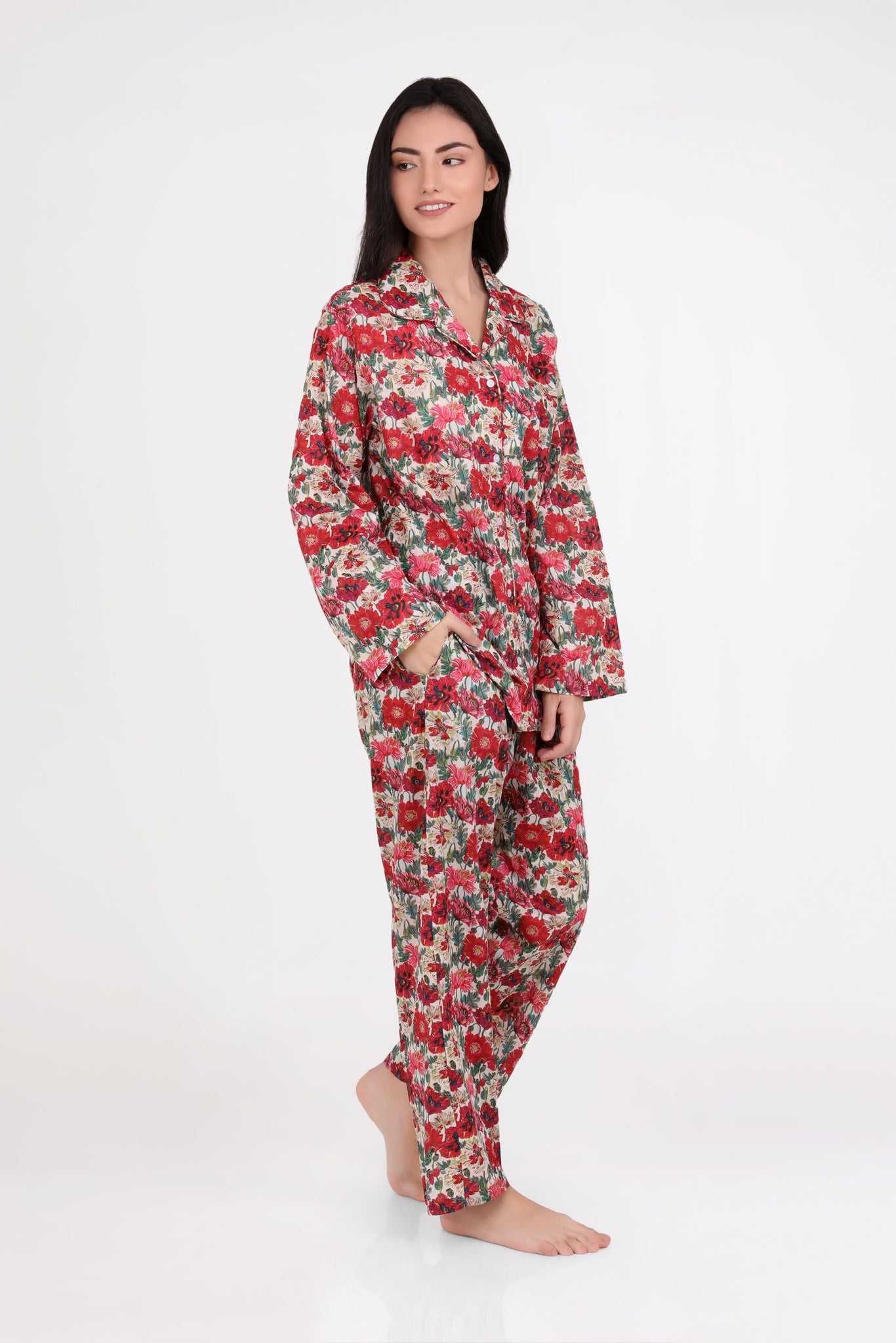 Arabella 100% Cotton Red Floral Pyjamas