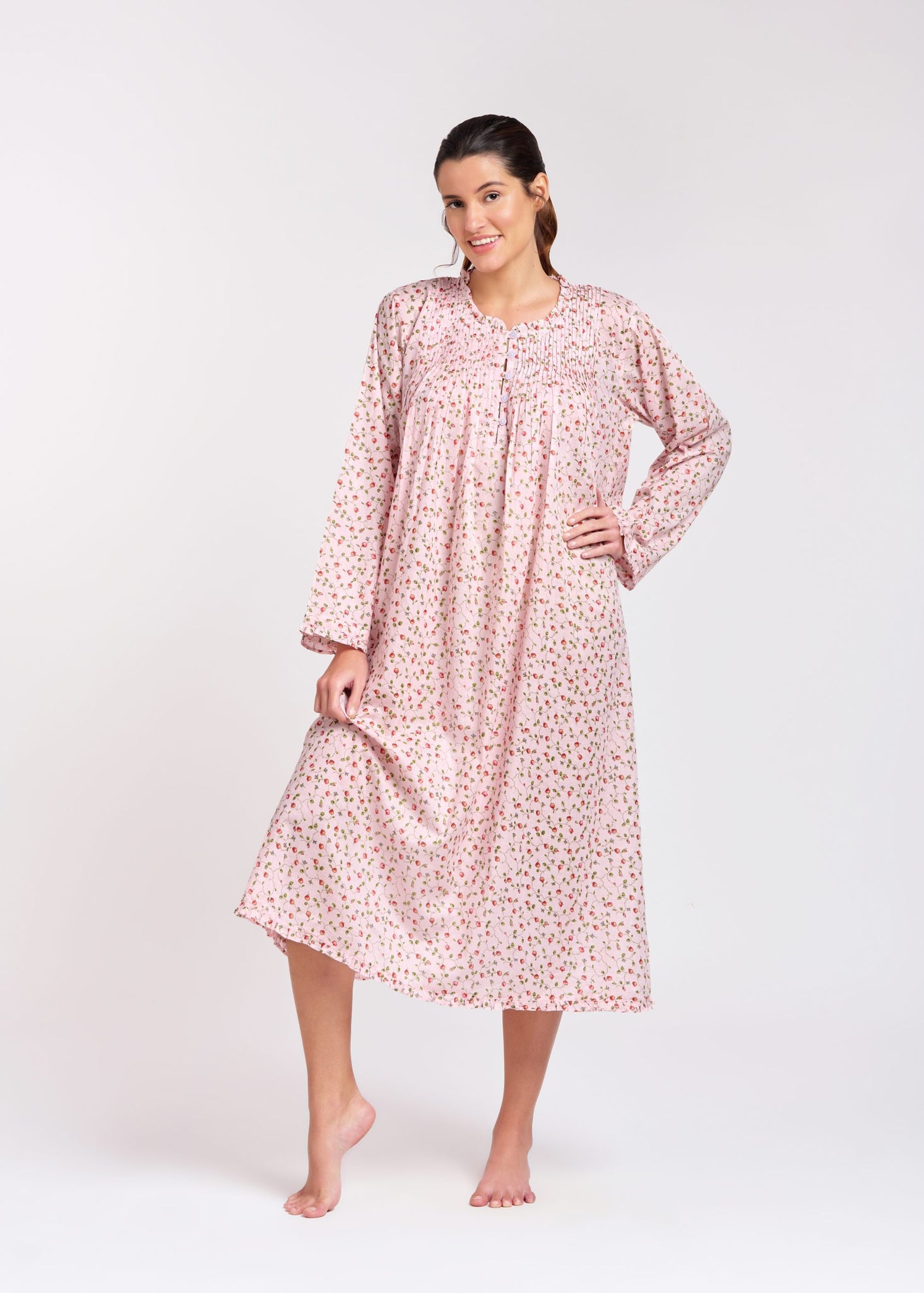 Arabella 100% Cotton Night Dress Long Sleeved Pink Rose