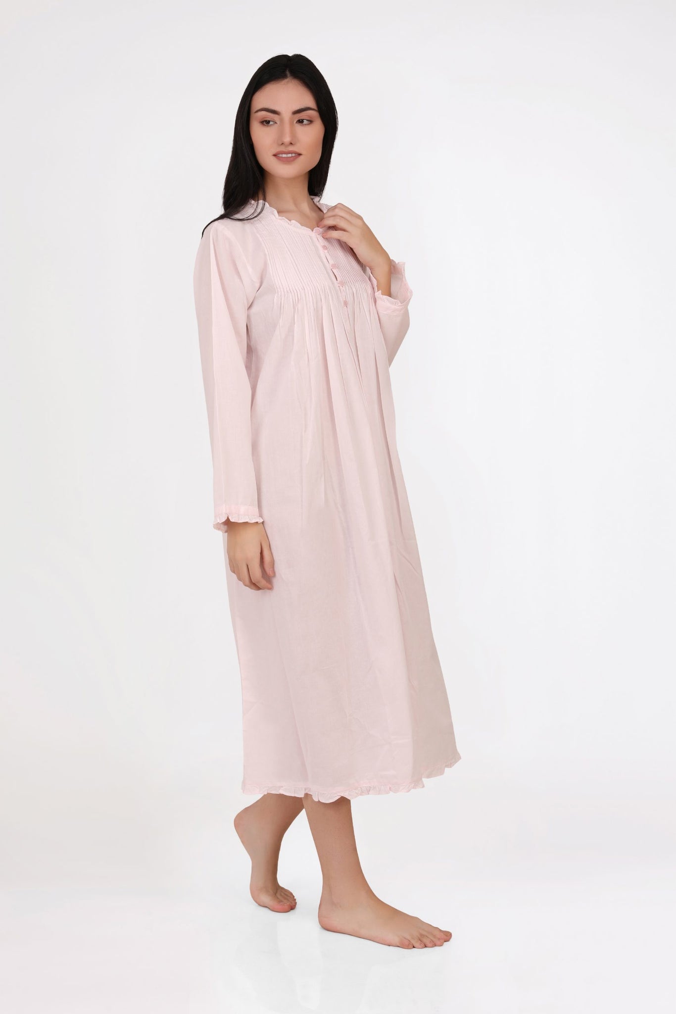 Arabella 100% Cotton Night Dress Long Sleeved Pale Pink