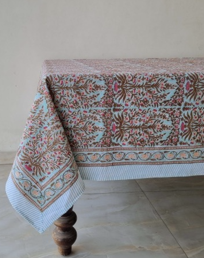 Block Print Cotton Tablecloth Ocean 183x305cm