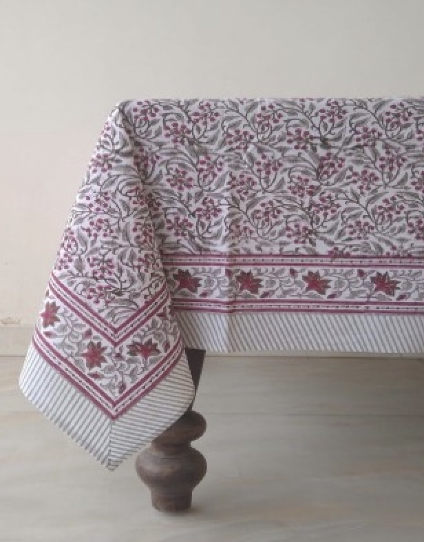 Block Print Cotton Tablecloth Cherry Red Tiny Flowers 183x305cm