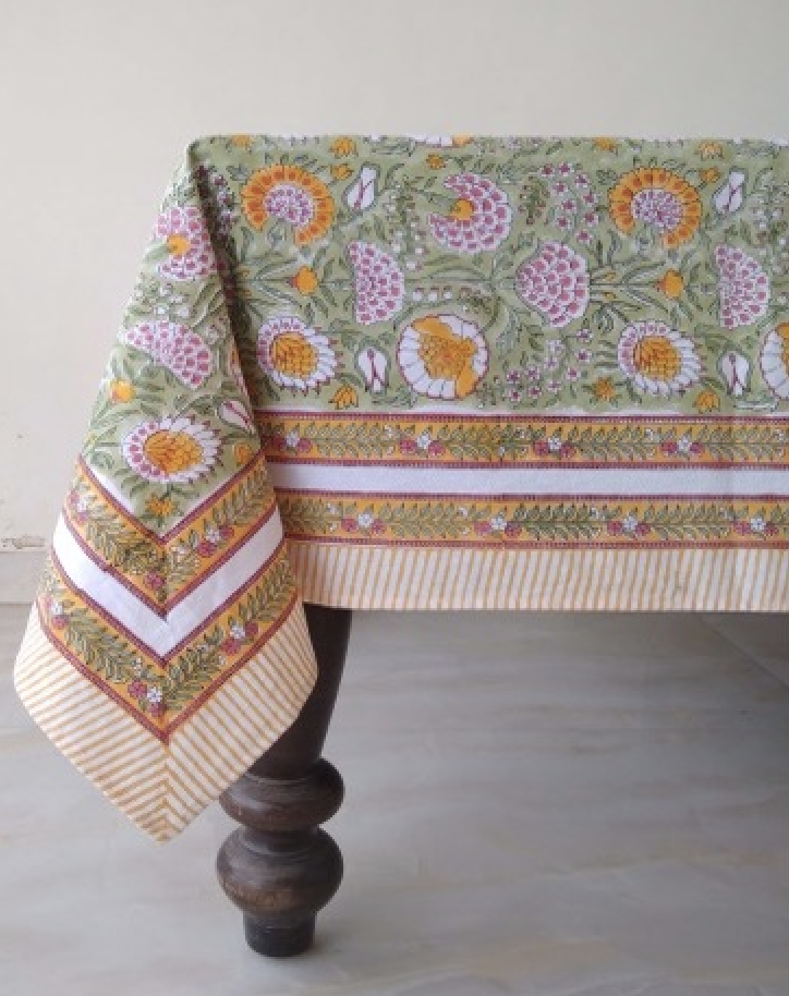 Block Print Cotton Tablecloth Spring 183x305cm