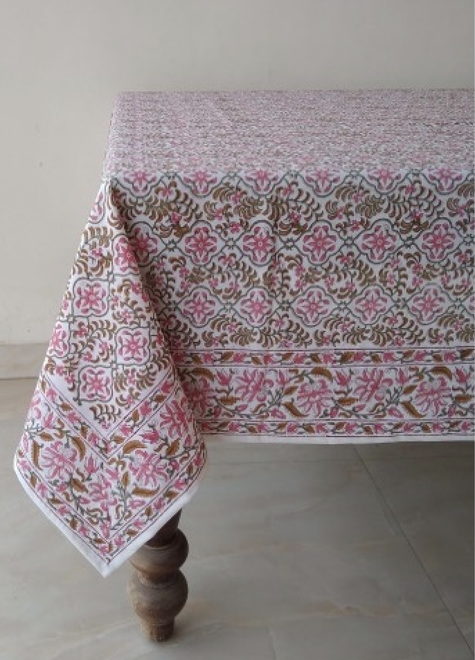 Block Print Cotton Tablecloth Star Flower Pink 183x305cm