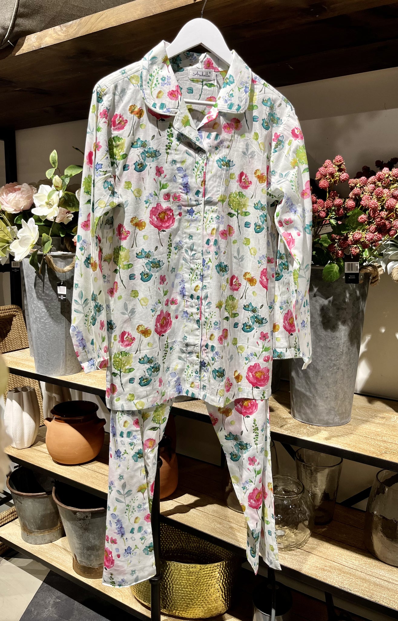 Arabella 100% Cotton White Bright Floral Pyjamas