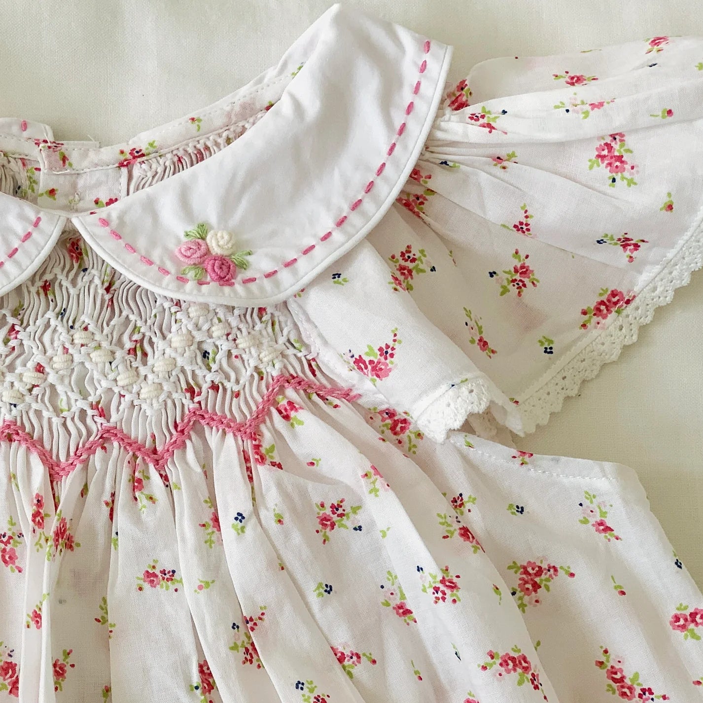 White Smocked Dress w.Pink flowers and Cap Sleeve Size 4