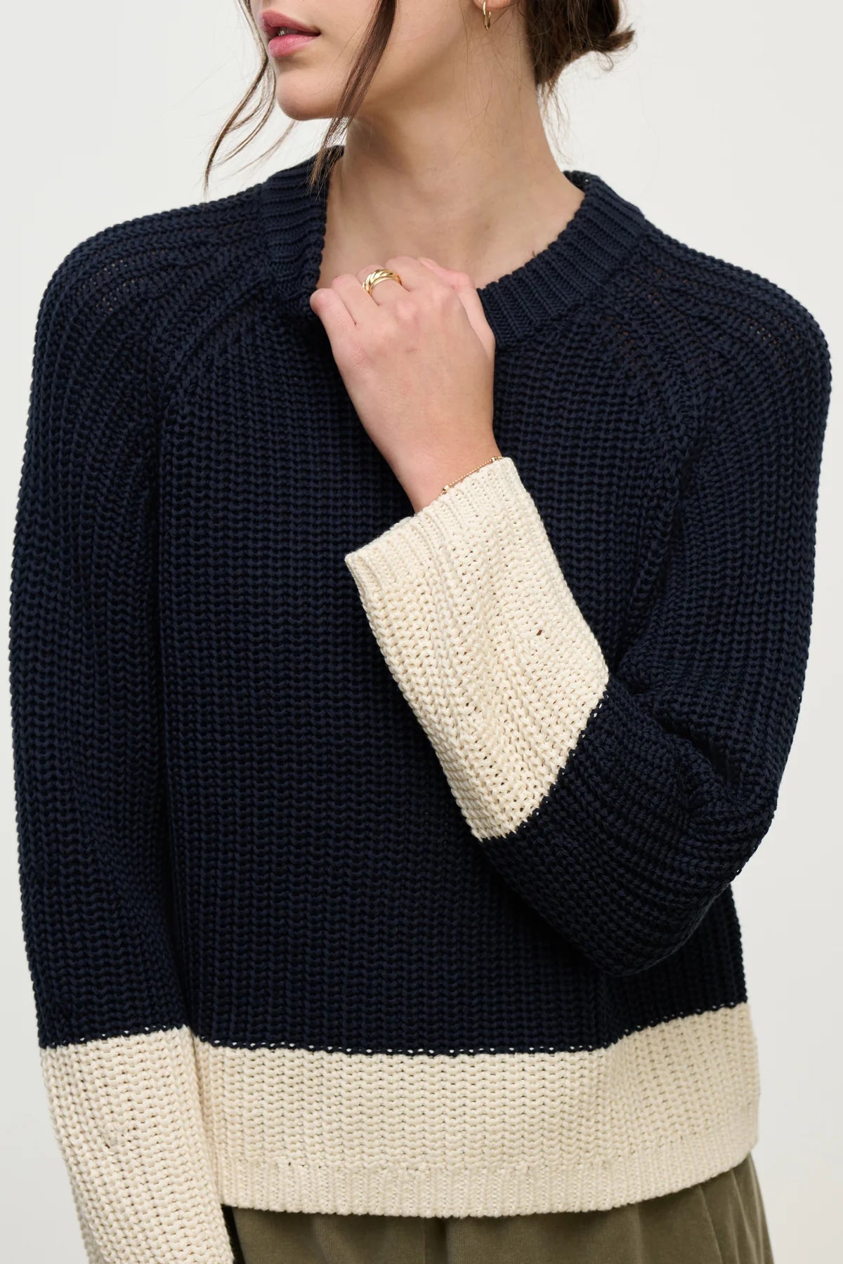 Shay Chunky Cotton Knit Jumper Navy & White by Velvet