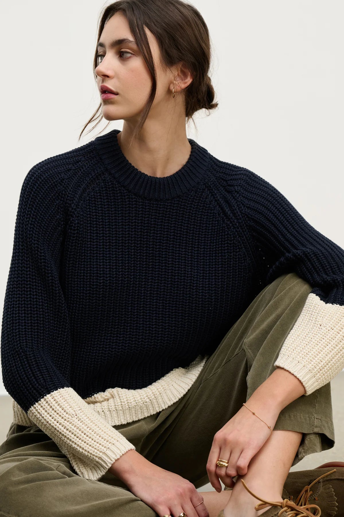 Shay Chunky Cotton Knit Jumper Navy & White by Velvet