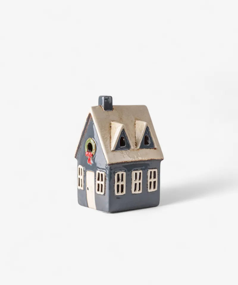 Tealight Cottage Navy w.Wreath