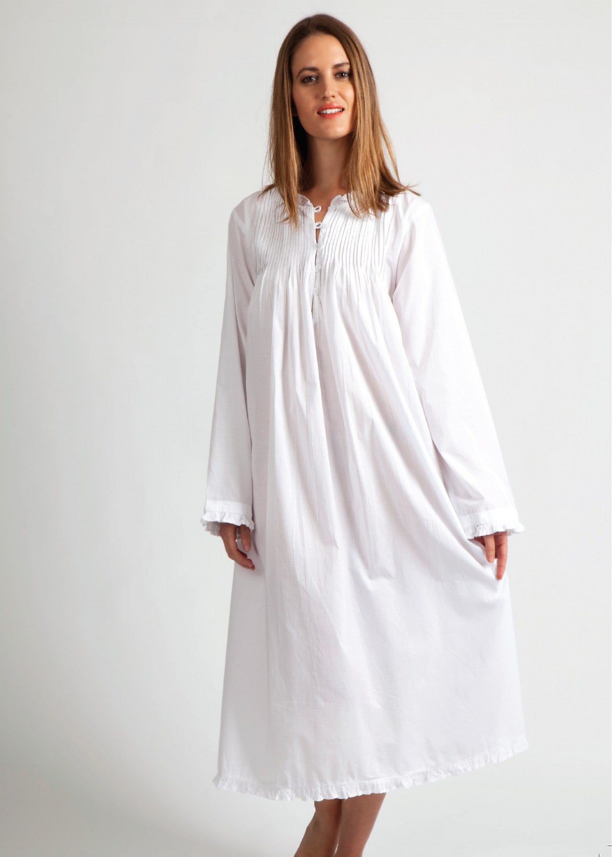 Arabella 100% Cotton Night Dress Pin Tuck Long Sleeved White