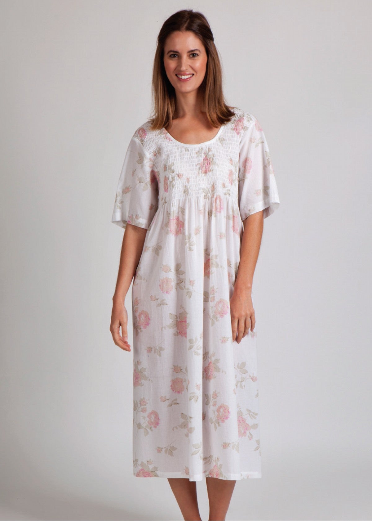 Arabella 100% Cotton Floral Night Dress Shirred Bodice
