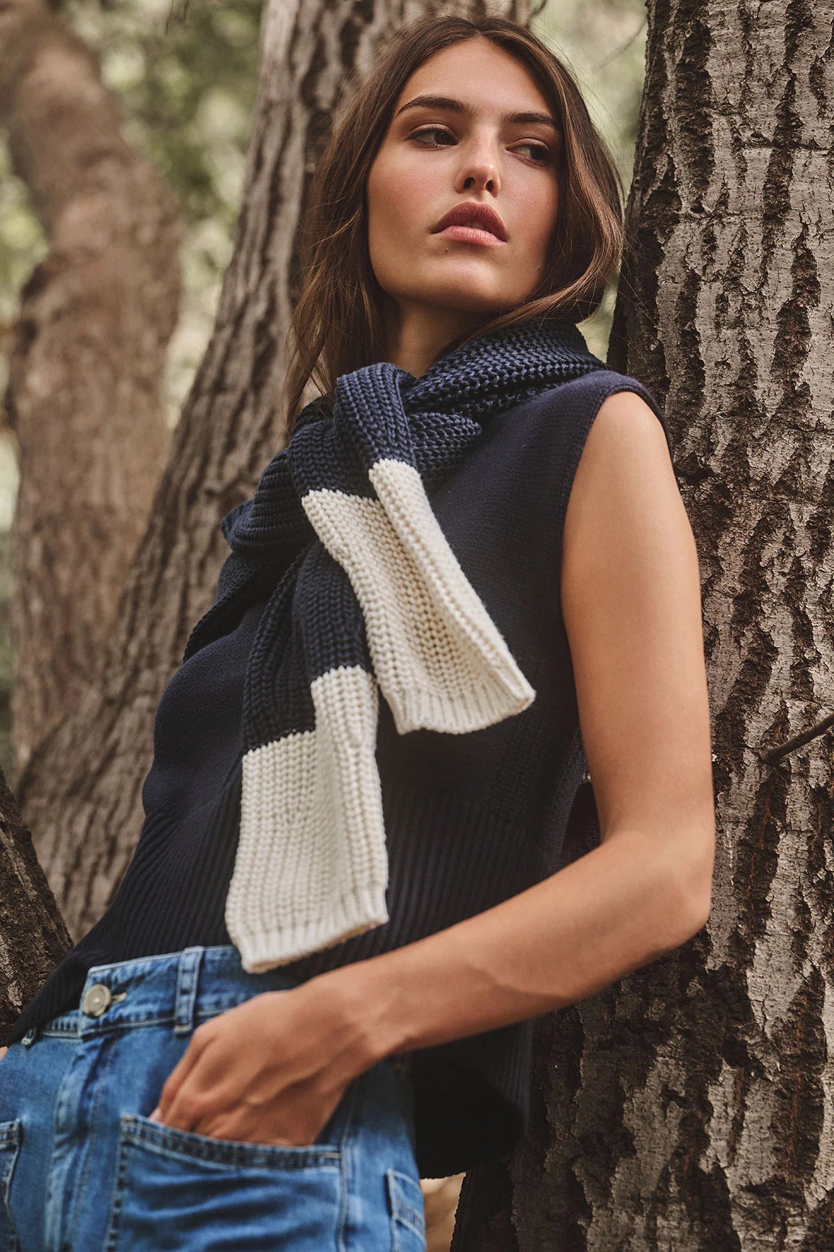 Shay Chunky Cotton Knit Jumper Navy & White by Velvet