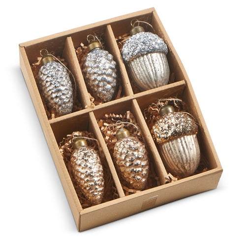 Box Set of Glitter Pinecone and Acorn Ornaments