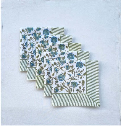 Block Print Cotton Napkins Blue & Green Set of 6