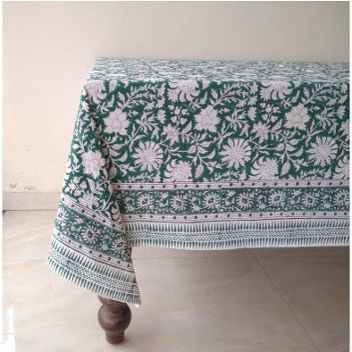 Block Print Cotton Tablecloth Green & White 183x305cm