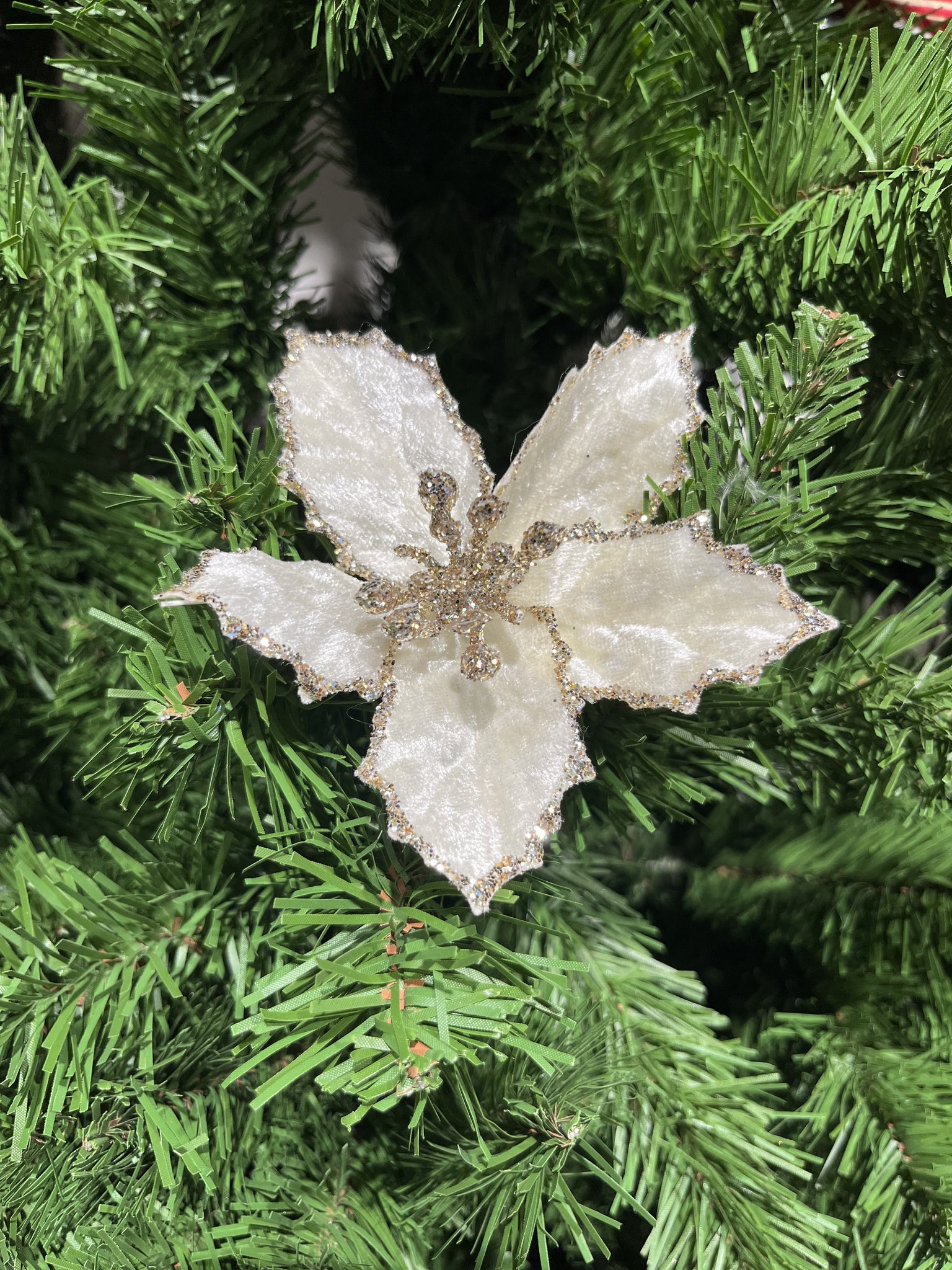 Christmas Decoration Velvet Holly Flower on Clip Ivory