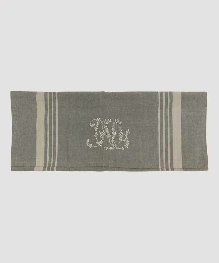Monogrammed Tea Towel Grey w.Natural Stripe