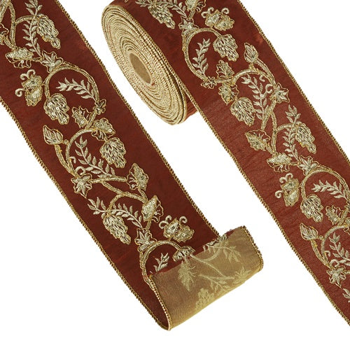 Ribbon W10cm x L9m Burgundy Gold Embroidered