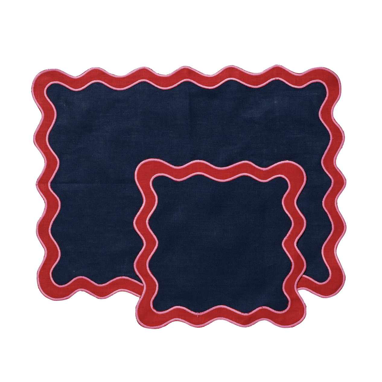 In the Round House Scalloped Edge Placemat & Napkin Set - Navy/Red